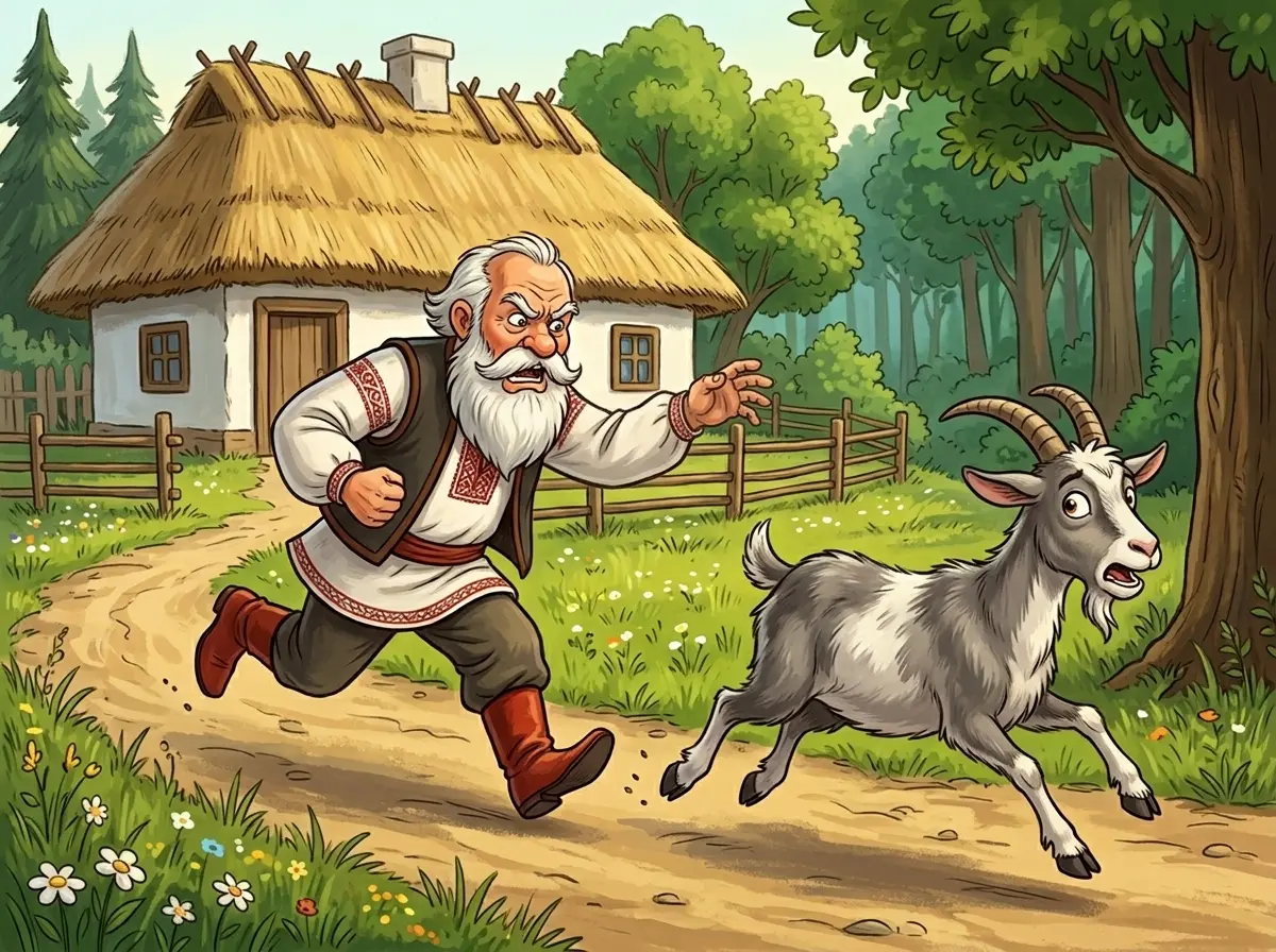 Дід розсердився, пішов до коваля, висталив ніж, став козу різати, а вона вирвалася та й утекла в ліс.
